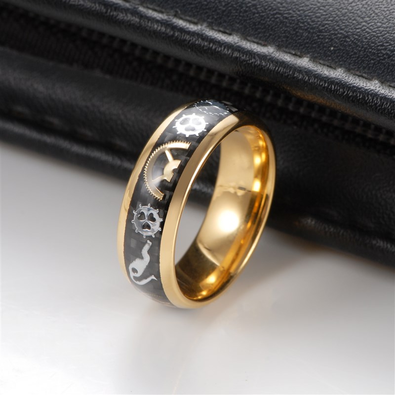 推荐Mens Gold Tungsten Carbide Ring Inlay Black Carbon Fiber