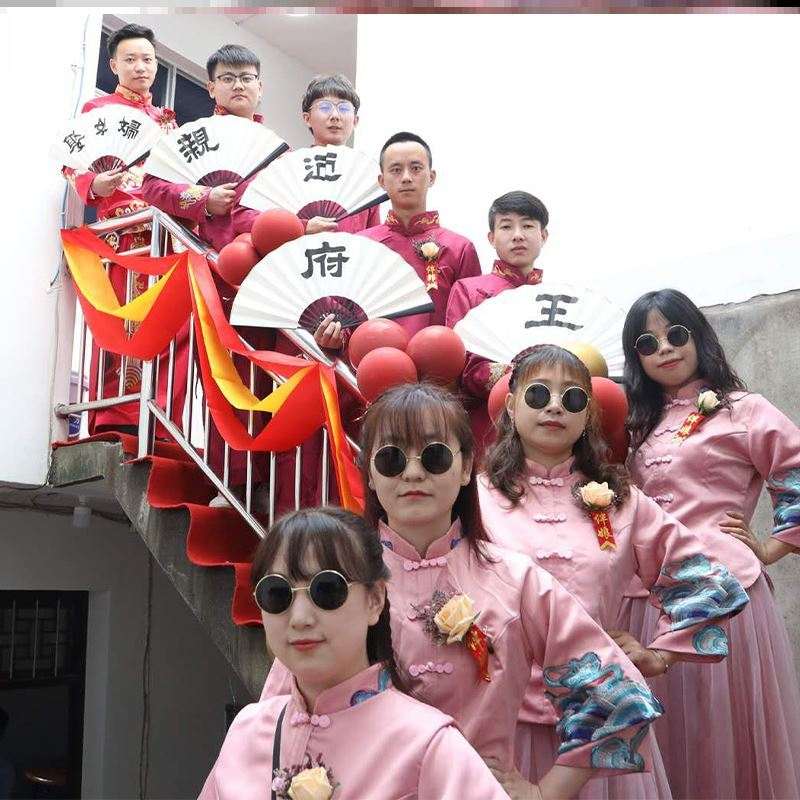 影楼结婚中式伴娘墨镜折扇拍照团扇中式折扇伴郎墨镜道具扇子娶亲