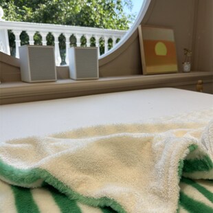 秋冬柔顺加厚兔兔绒绿色条纹毛毯泰迪绒午休毯盖毯卧室沙发休闲毯