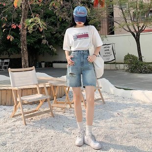 高腰显瘦宽松中裤 新款 薄款 高货破洞牛仔短裤 女202x4年春夏季