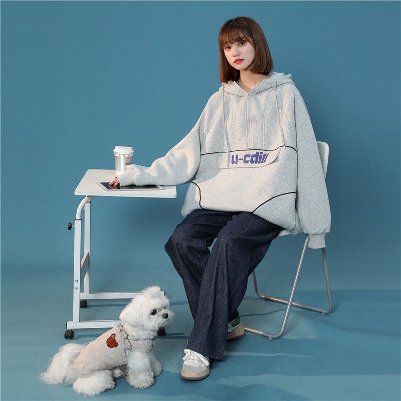 工厂销胖mm克莱因蓝半拉链卫衣女春秋设计感小众连帽外套Zins潮大