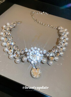 珍珠镶钻水滴花朵项链法式高级感轻奢choker锁骨链颈W链瑞丽风项