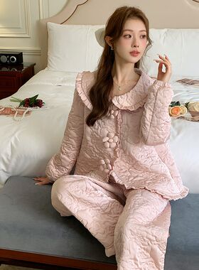 睡衣女奢华宫廷风秋冬新款长袖套装加绒加厚甜美公主可外穿家居服