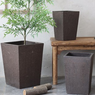 简约现代花盆紫砂四方花盆室内庭院签筒粗砂盆景观盆手工透气盆