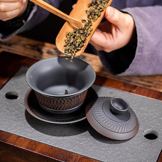 紫陶盖碗单个茶杯茶碗带盖高档茶具纯手工办公室家用陶瓷泡茶