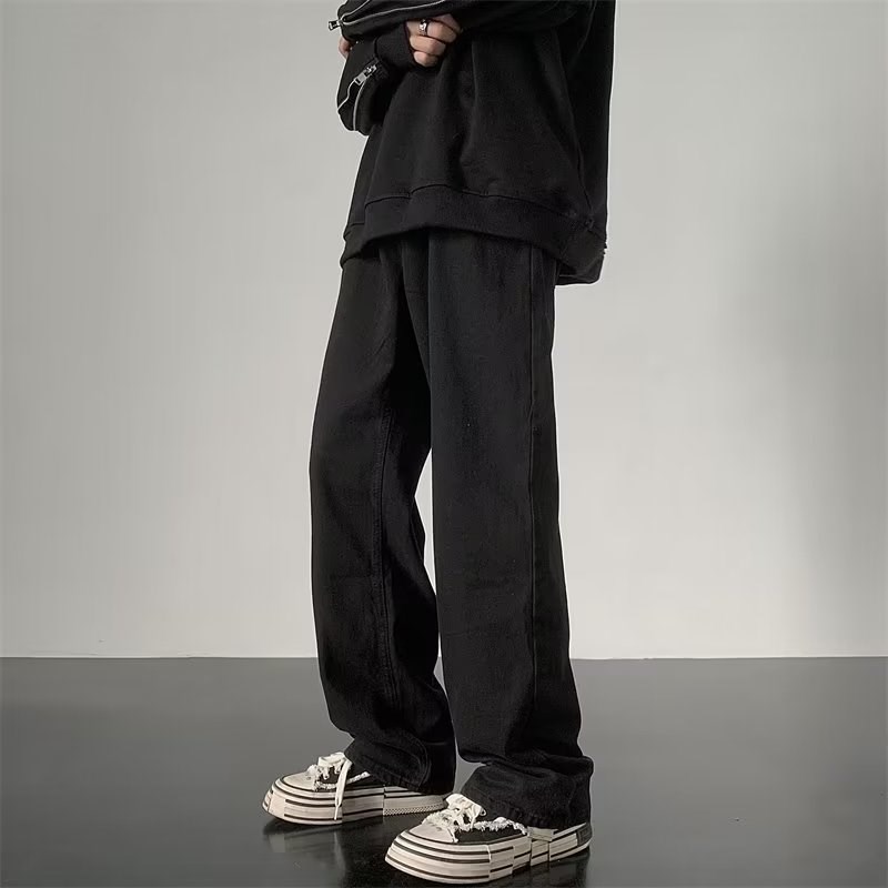 新品秋季纯色大码牛仔裤男美式高街复古宽松直筒学生百搭休闲阔腿