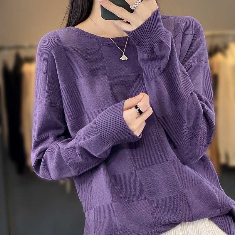今年流行的紫色h上衣薄款纯棉圆领针织衫女宽松慵懒风短款毛衣外