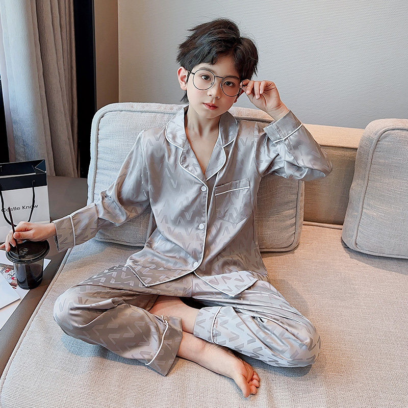 儿童睡衣男童春秋冰丝长袖薄款中大童真丝男孩空调服家居服套装夏