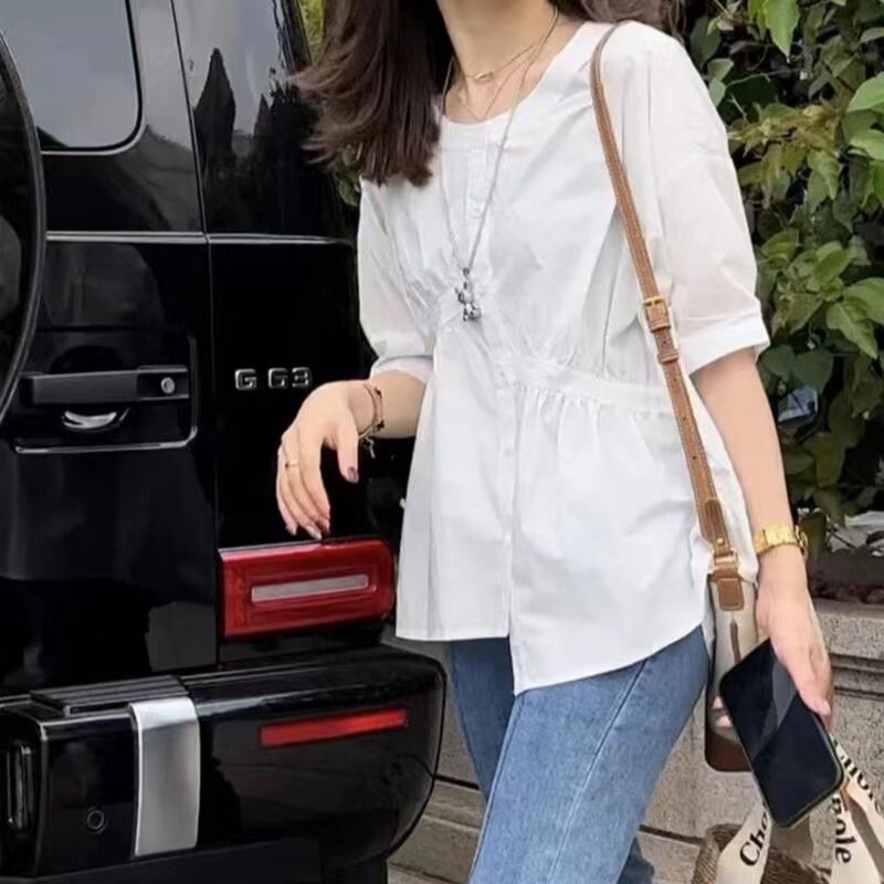 哺乳衣外出辣妈款纯棉显瘦五分袖哺乳上衣夏产后休闲衬衫喂奶夏装