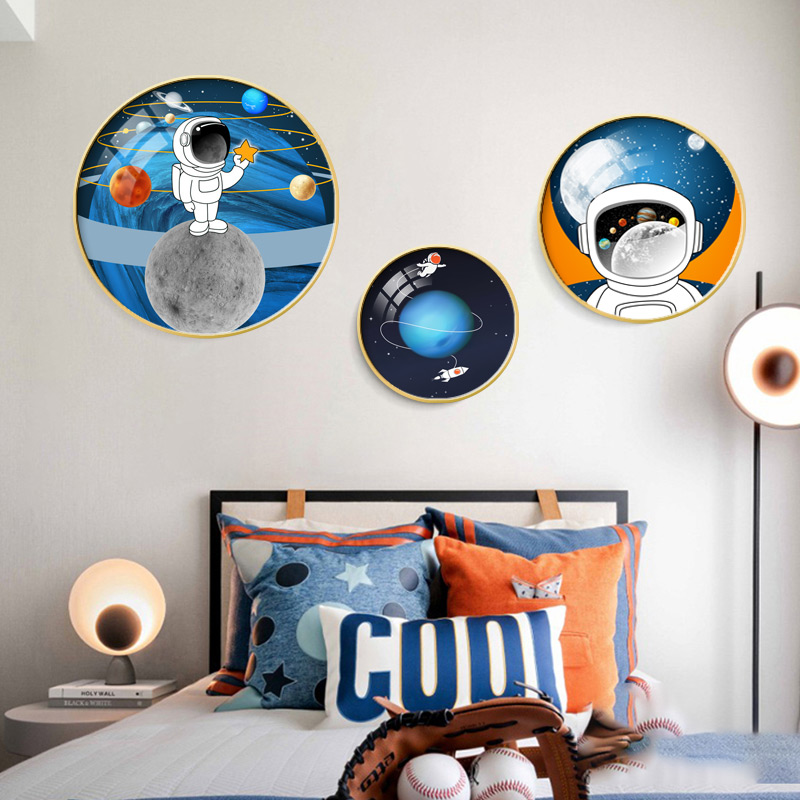 卡通宇航员男孩儿童房壁画现代简约圆形装饰画卧室床头客厅墙挂画图片