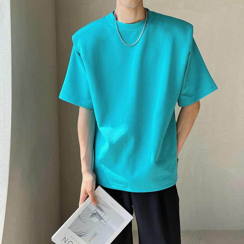牛油果绿垫肩T恤男设计感小众韩版网红百搭高级感半袖打底衫,男装,T恤,淘宝优惠券,粉丝福利购,淘宝优惠卷