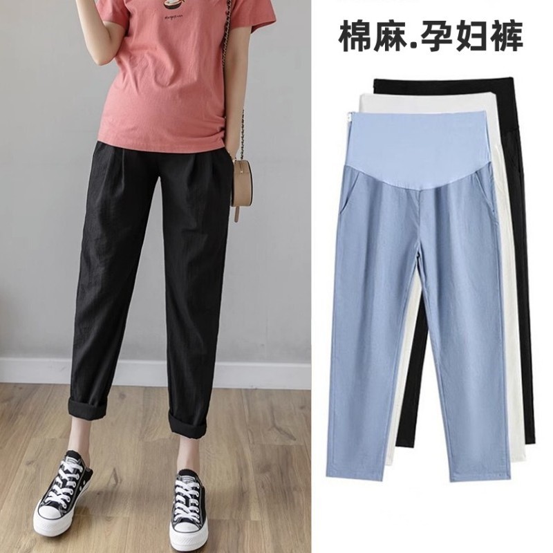 棉麻九分孕妇裤夏季薄款时尚打底烟管裤夏装新款大码宽松小脚裤子
