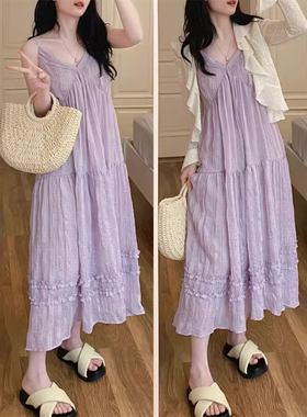 孕妇春夏装时尚款复古开衫u紫色V领吊带连衣裙小众仙女中长款裙子