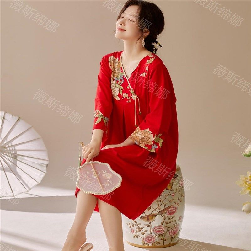本命年民族风蛇年睡裙睡衣中年女睡衣圆领休闲新中式家居服中国红,女士内衣/男士内衣/家居服,睡衣/家居服套装,淘宝优惠券,粉丝福利购,淘宝优惠卷