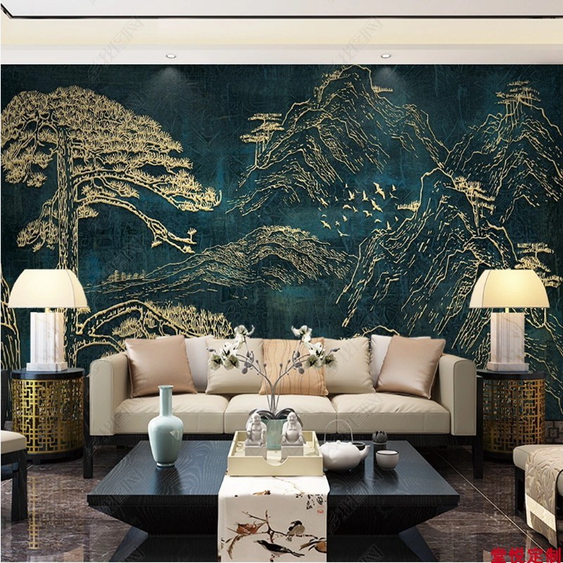 3D浮雕电视背景壁纸沙发大厅酒店壁画山水墙布中式壁布客厅背景墙