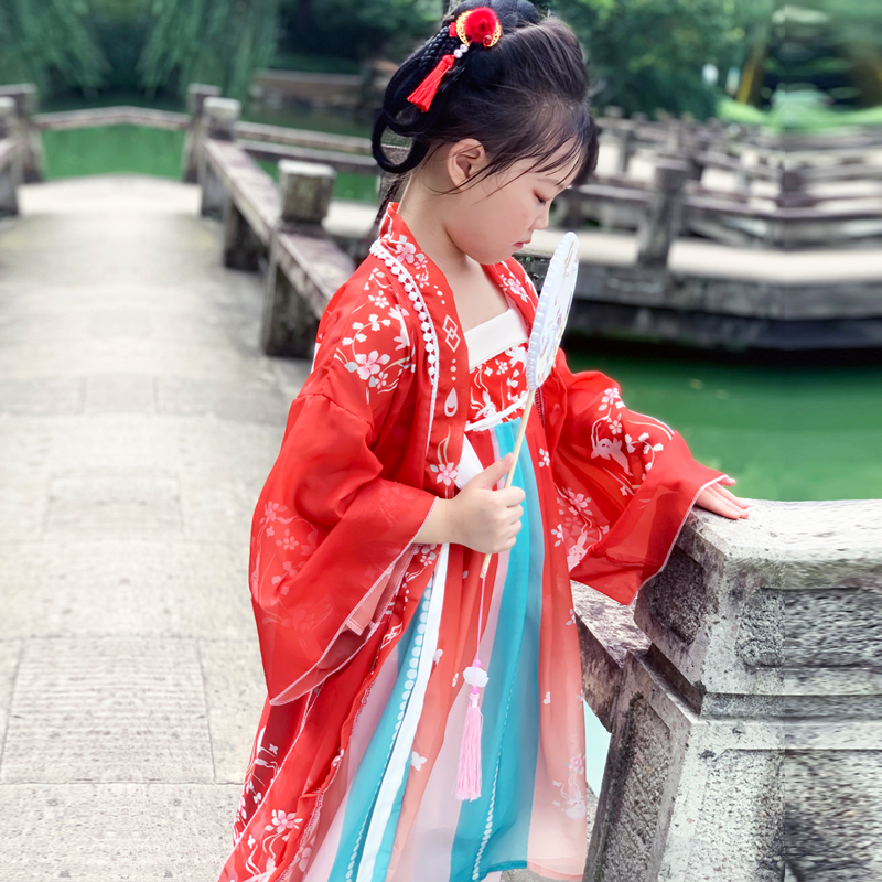女童红色汉服连衣裙春夏季2023儿童唐装襦裙改良版明制表演裙超仙