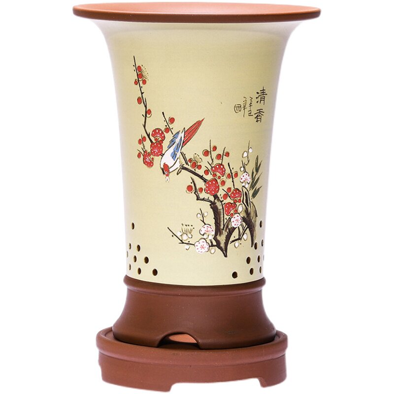 宜兴紫砂花盆精品花盆兰花盆桌面绿植古典花盆手工刻绘圆形