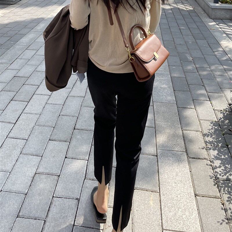 黑色西装裤女2023夏薄r款直筒九分裤显瘦烟管裤休闲开叉小脚裤春