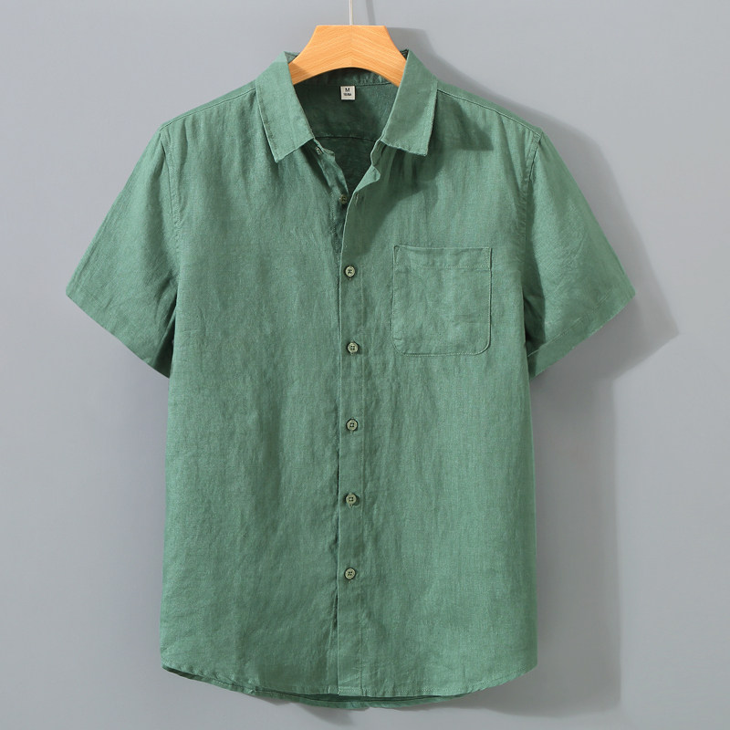 纯亚麻料短袖衬衫男士日系复古棉麻布绿色上衣服夏季薄款休闲衬衣