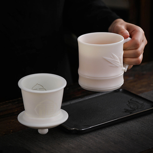 白瓷羊脂玉带盖过滤办公杯带内胆茶水分离水杯个人陶瓷大号泡茶杯