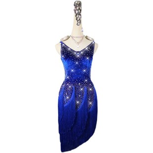 2025新款 女士舞蹈演出流苏连衣裙专业艺考带钻吊带 拉丁舞比赛服装