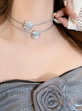工厂销银色玫瑰锁骨链脖子饰品复古双C层choker项链项圈女颈带气