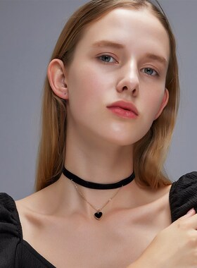 现货暗黑色爱心项链choker锁骨链甜美小众设计感名媛优雅项圈颈链