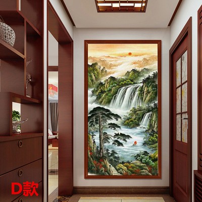 走廊入户玄d关壁纸8D中式古典油画风景16D立体山水过道墙布装饰图片