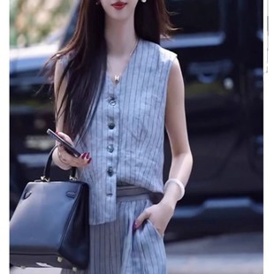 两件套 MUAMY夏季 新款 名媛气质高级感网红时尚 减龄条纹上衣阔腿裤