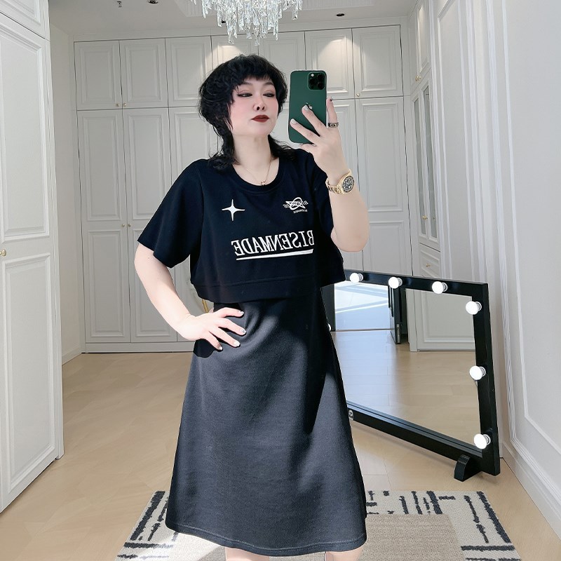 假两件运动休闲T恤连衣裙大码女装200斤胖mm显瘦遮肚子藏肉A字裙图片