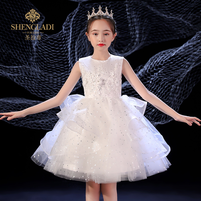 花童婚礼小女孩礼服儿童公主裙白色婚纱钢琴演奏女童主持人演出服