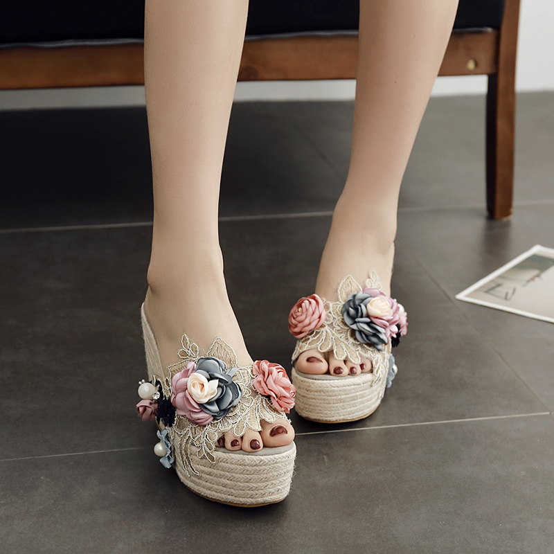 新品麻绳编织松糕厚底凉鞋花朵珍珠透H明防水台女鞋坡跟高跟拖鞋