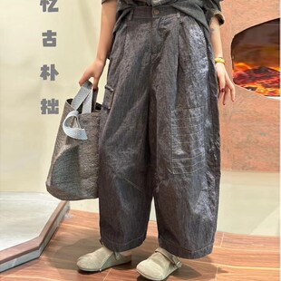 衣牧了然色织定仿亚麻休闲裤 质朴高档补丁文艺复古女士宽松麻裤