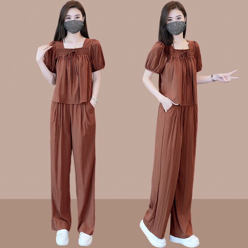 方领阔腿裤套装女2024夏季新款小个子时尚洋气减S龄雪纺宽松两件