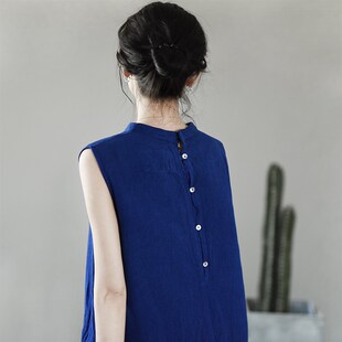 一粒盐后系扣靛蓝文艺无袖 2020款 亚麻连衣裙长裙后系扣 春装 女装