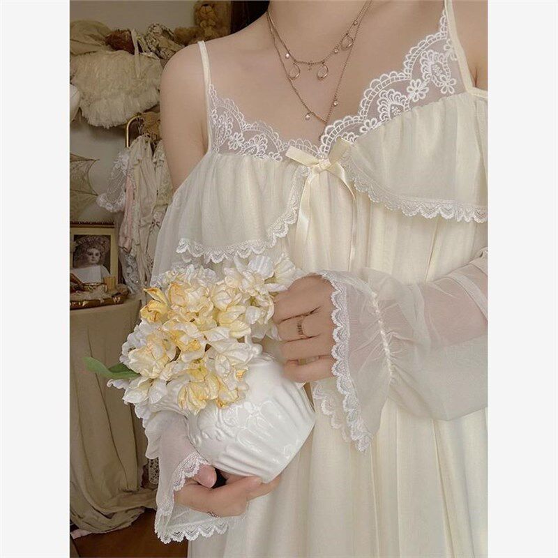 宫廷风蕾丝花边长袖睡衣女春秋季2024年新款高级睡裙家居服连衣裙