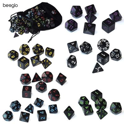 Opaque Black Polyhedral Dice 6  and Drawstring Velvet Pouch