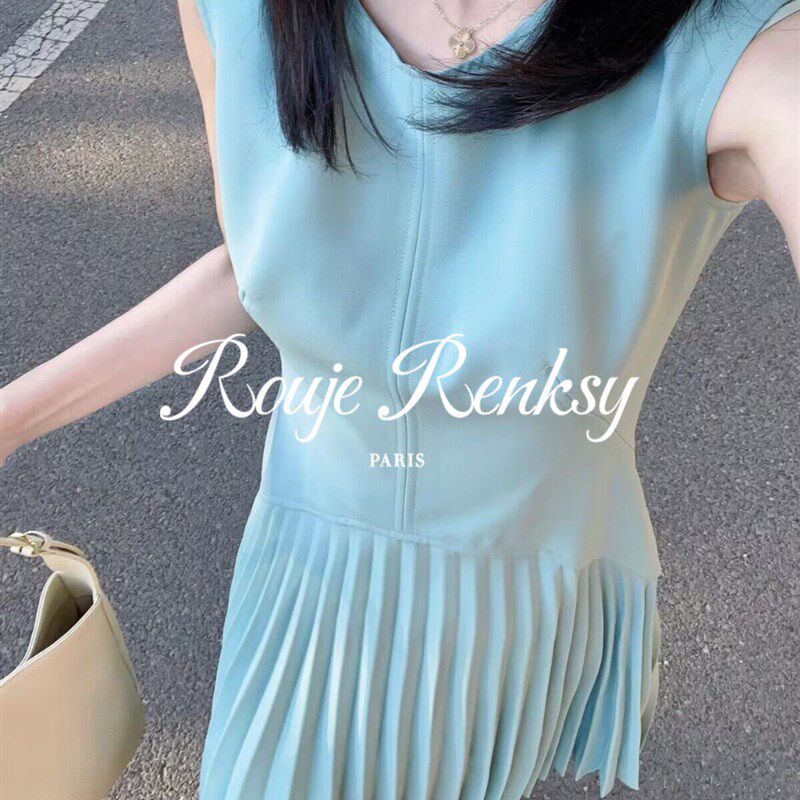 法国 法式高级感蓝色无袖背心连衣裙女夏季百褶中长裙