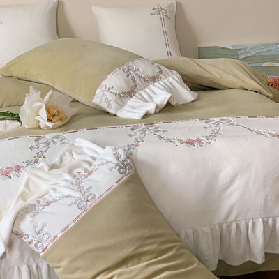一眼入迷|韩式中古牛奶绒四件套刺绣被套床单加厚保暖冬天床上用