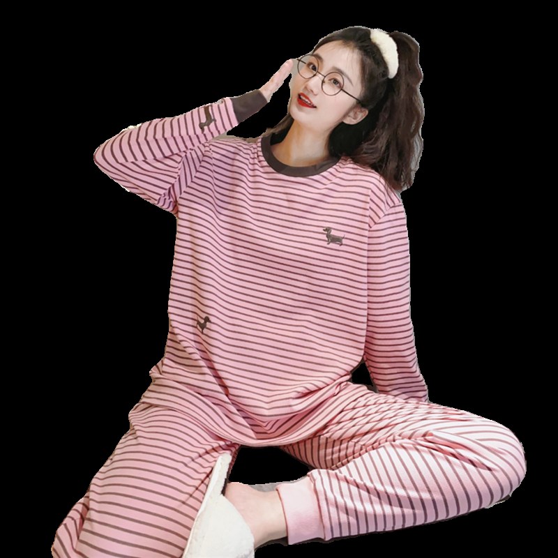 新款睡衣女春秋季长袖韩版条纹可外穿休闲大码家居服两件套装