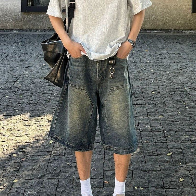 美式复古水洗高街牛仔短裤男士夏季薄款阔腿裤做旧宽松休闲七分裤,男装,短裤,淘宝优惠券,粉丝福利购,淘宝优惠卷