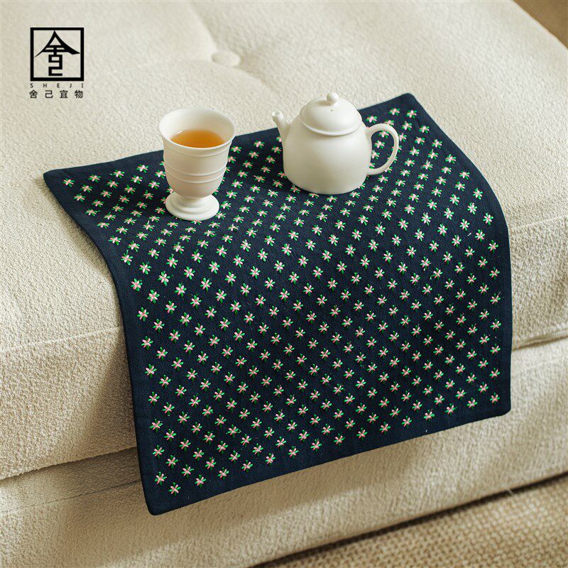 香云纱手工缝制碎花四方茶席藏蓝色麻布茶巾干泡茶席抹布杯垫子