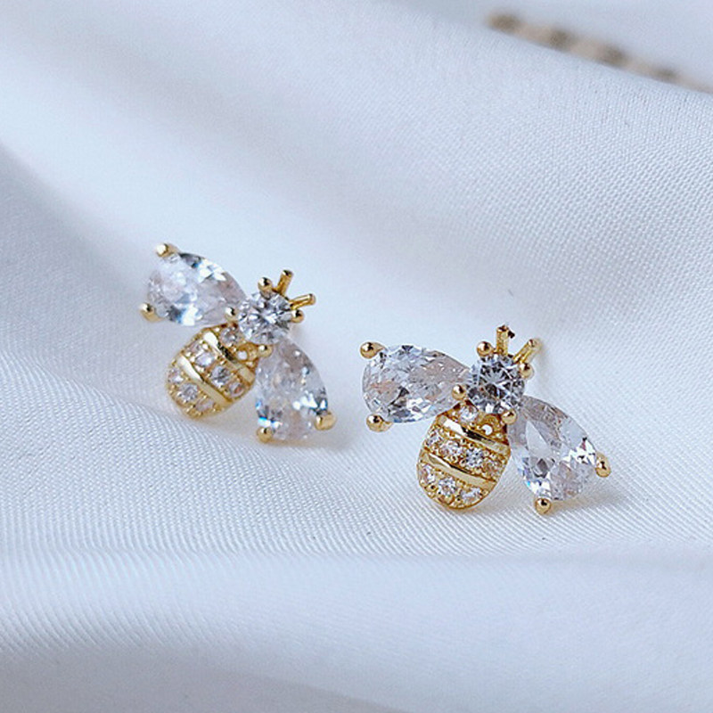 新品temperament cubic zirconia insect bee stud earrings for