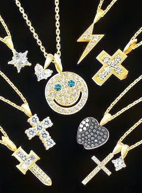 EYEFUNNY风格大笑脸小吊坠925镀金锆石男女情侣项链潮流送礼嘻哈