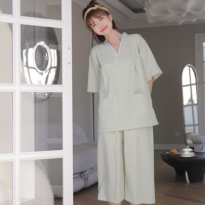 汗蒸服女款亚g麻七分裤情侣家居服睡衣男款桑拿服洗浴服按摩服