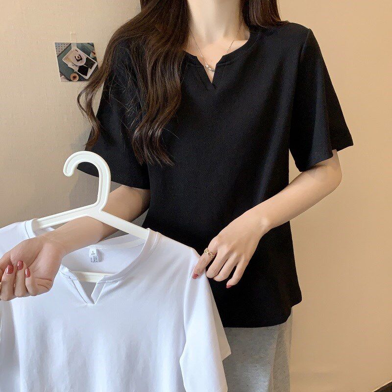 现货大码女装纯棉V领正肩T恤女夏季2024新M款胖MM宽松显瘦百搭短