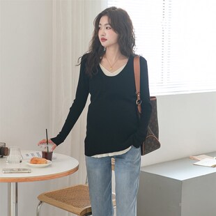 孕妇打底衫春f秋宽松假两件V领秋季女内搭秋款中长款针织秋装上衣
