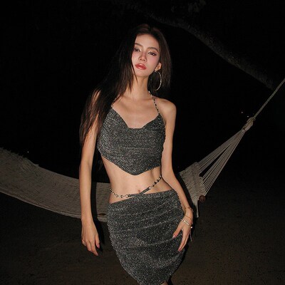 春夏分体抹胸裙式泳衣女显瘦遮肚高E腰沙滩海边度假游泳装3805