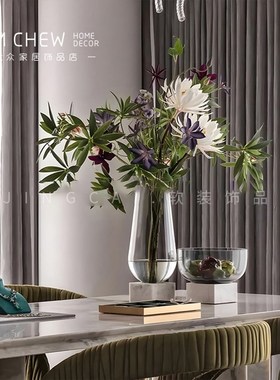 轻奢现代大理石花瓶透明摆件样板间售楼处玄关卧室边几茶几装饰品