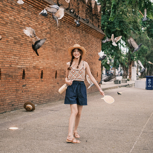 民族风复古小背心针织q外穿吊带沙滩渡假上衣高腰短款显高小个子